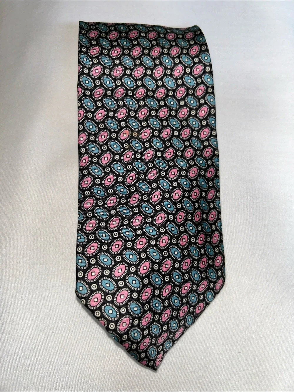 Black silk Tie with Pink and Blue Medallion Pattern